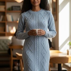 Francesca's Light Blue Pearl-Embellished Cable Knit Sweater